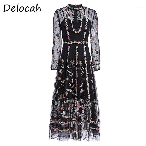 

delocah spring summer dress fashion ruwan women long sleeve gorgeous embroidery mesh elegant slim female midi dresses vestidos1, Black;gray