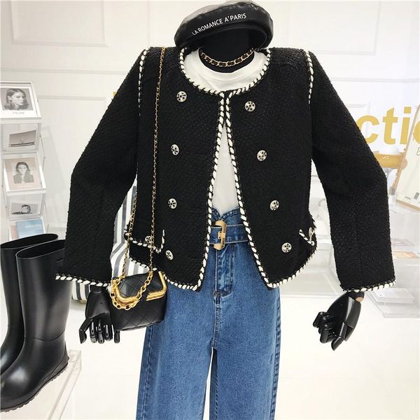 

women's suits & blazers black tweed ladies coat autumn 2021 french temperament loose wild foreign style, White;black