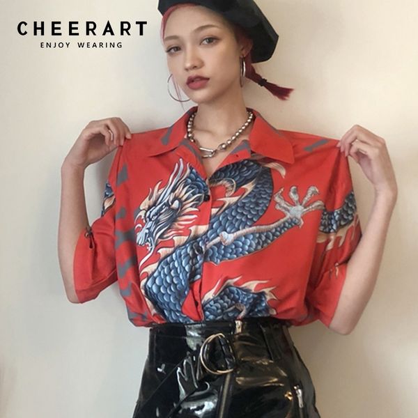 

cheerart harajuku blouse women short sleeve dragon shirt red blue summer and blouses femme streetwear japanese y200622, White