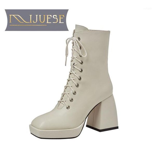 

mljuese 2021 women ankle boots cow leather winter short plush square toe zipper lace-up super high heels female boots size 391, Black