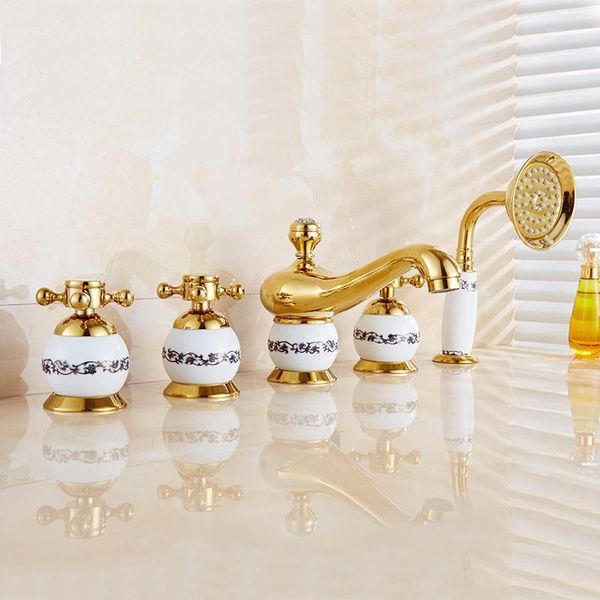 

bathroom bathtub faucets mixer set 5 pcs spout tub sink mixer taps gold brass and jade and cold water faucet with handshower1