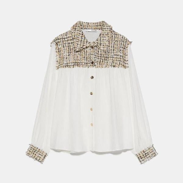 

2020 spring summer new korean fashion clothes tweed spliced white shirt button long sleeve chiffon womens and blouses1