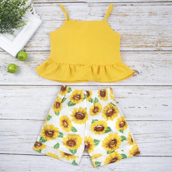 

ins explosion style children's sling ruffled sunflower print bow belt shorts, White