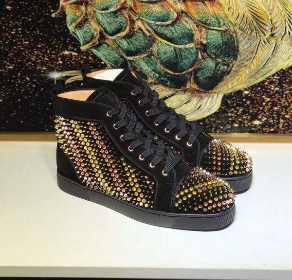 

original box] fashion men women luxury sneakers red bottoms shoes studded spikes flats leather sneakers for party casual lace up male shoes, Black