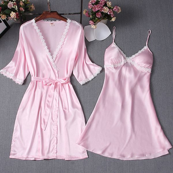 

2021 new summer robe sets for women slim solid silk dressing gown ladies v neck with lace spaghetti strap female sleepwear k608, Black;red