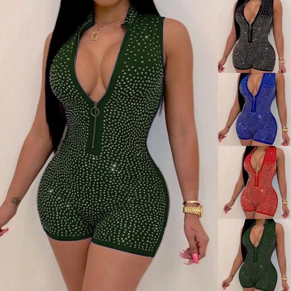 

sexy clubwear комбинезон женщины дамы короткие блестки рукавов глубокий легкий костюм с шортами v шеи zipper bodycon партии комбинезон rompe, Black;white