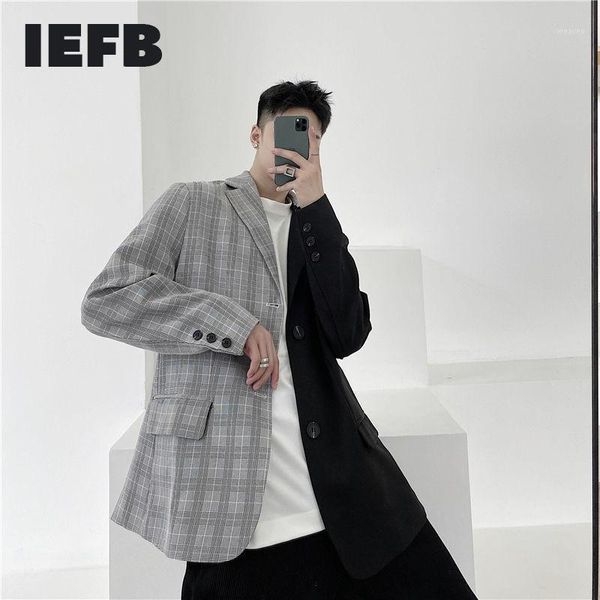 

iefb fashion color block design blazers for men personalized plaid patchwork casual suit coat men's loose clothes 9y47001, White;black