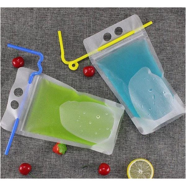 

17oz 500ml clear drink pouches bags frosted zipper stand-up plastic drinking bag with straw with holder rec jllggh fight2010