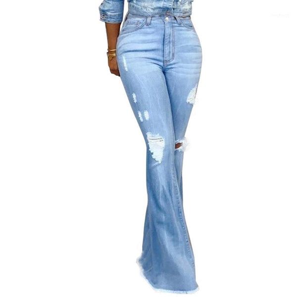 

women's hihgh waisted light fashion denim pants hole zipper wide leg pants boot cut jeans pantalones vaqueros anchos mujer #31, Blue