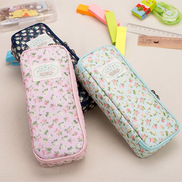 

vintage large capacity brief denim canvas pencil case flower design girl pen box stationery bags for shcool student supplies