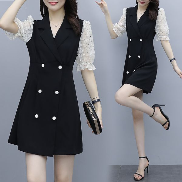 

womens plus size summer dress business ladies work woman wear v-neck black clothes 2dlr, Black;gray