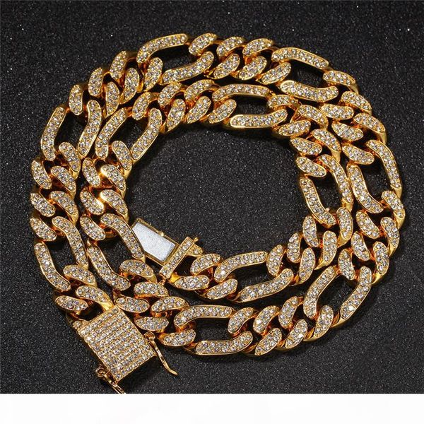 

18k gold plated figaro cuban chain iced out full rhinestone 13mm alloy heavy miami cuban link chain bracelets necklace, Black