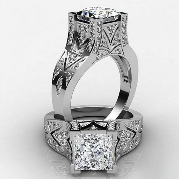 

2019 handmade fashion jewelry 925 sterling silver finger ring princess cut white z cz diamond gemstones eternity women wedding band ring, Slivery;golden