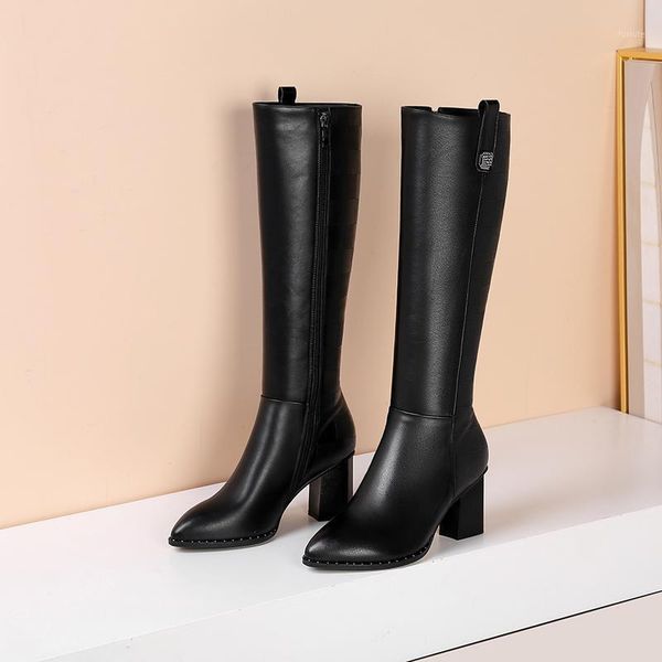 

big size 42 women's natural leather thick high heel knee high boots quality pointed toe winter female warm long boots shoes1, Black