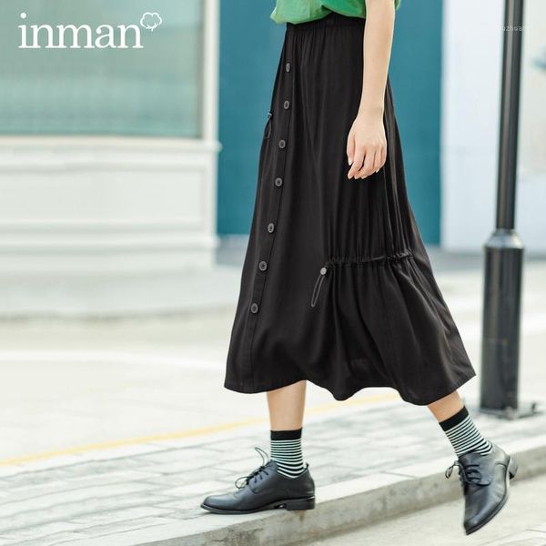 

inman 2020 summer new arrival slimmed elastic waist single-breasted safari style drawstring decoration all-match umbrella skirt1, Black