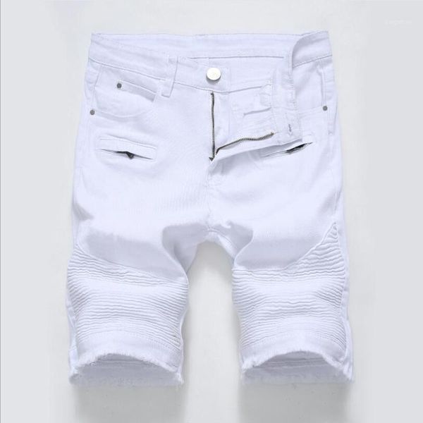 

men white denim shorts pleated jean shorts new fashion men stretch short jeans moto biker style denim size 421, Blue