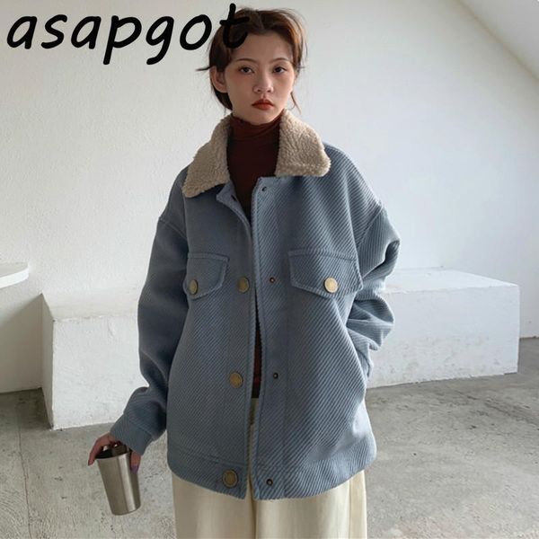 

2020 new korean chic vintage loose haze blue thickened woolen coat women lapel long sleeve warm fashion winter jacket wild, Black