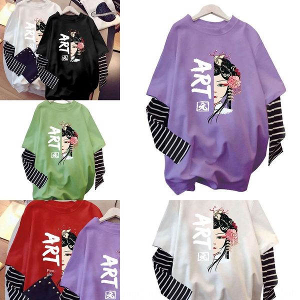 

autumn 2020 chinoiserie printed striped fake two ins long sleeve bottomed pullover pullover crew neck casual 6iccb, White