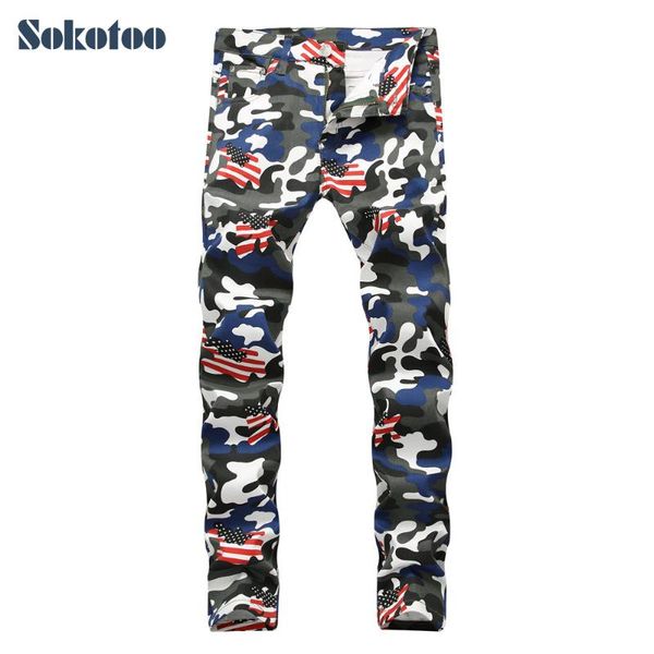 

sokotoo men's camouflage american flag printed jeans fashion slim fit colored painted denim pants, Blue