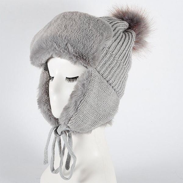

beanies fashionwinter women's knitting plush thickening stripe wool ball warm ear protective skullies outdoor windproof hat