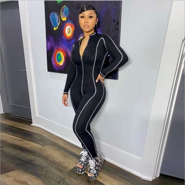 

zipper autumn new women's wind 2020 long sleeve line high waist hip lifting sports jumpsuit, Black;gray