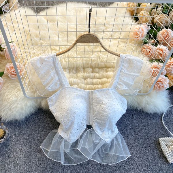 

2021 new singiny women knit shreds blouse summer square collar out short vacation all-match blusters z9i5, White