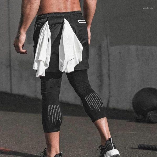 

running shorts men's 2 in 1 sport leggings male double-layer quick dry sports men jogging gym with back hanging1, Black;blue
