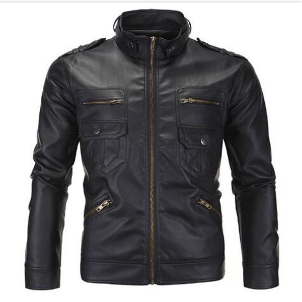 

2021 new fashion pu leather jacket men brand jackets and coats stand collar motorcycle jacket, Black