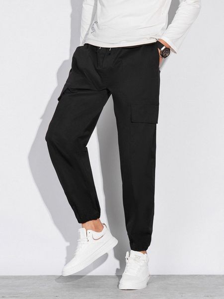 

men flap detail drawstring waist pants 371w#, Black