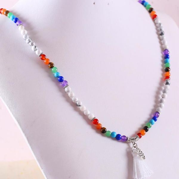 

women long necklace bracelet natural mala gem stone round bead tassel 7 chakra white howlite reiki boho necklace 27" 1pcs h075, Silver