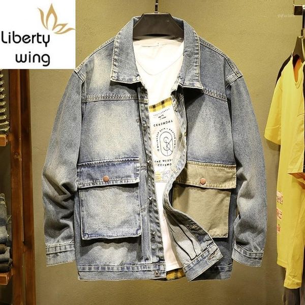 

safari style fashion long sleeve single breasted pockets mens denim jackets vintage casual loose fit cowboy outerwear coats1, Black;brown