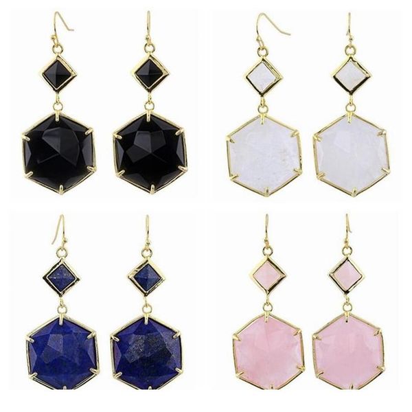 

fashion natural stone hexagon drop earrings for women 2019 statement ear jewellery geometric faceted pink white crystal qylotq, Black