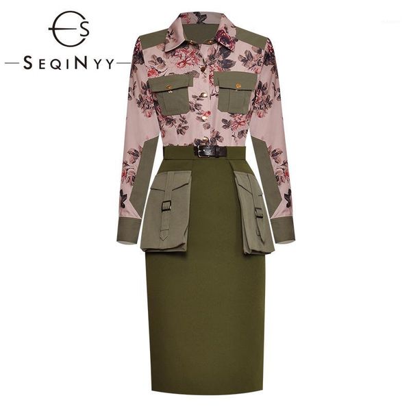 

seqinyy office lady set 2020 summer spring new fashion design flowers printed shirt pockets army green slim sheath knee skirt1, Gray