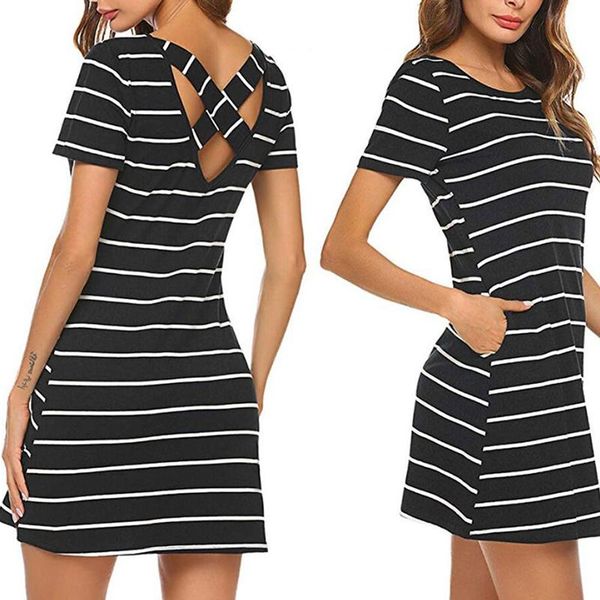 

spring summer stripped casual dress o-neck short/long sleeve girl dress beach fashion women clothing, Black;gray