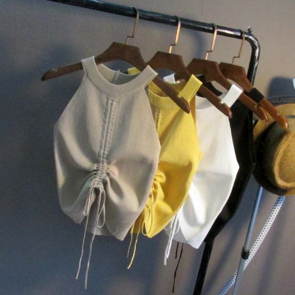 

women's tanks & camis drawstring short knitted halter neck women white black yellow slim crop tank korean fashion stretch clot