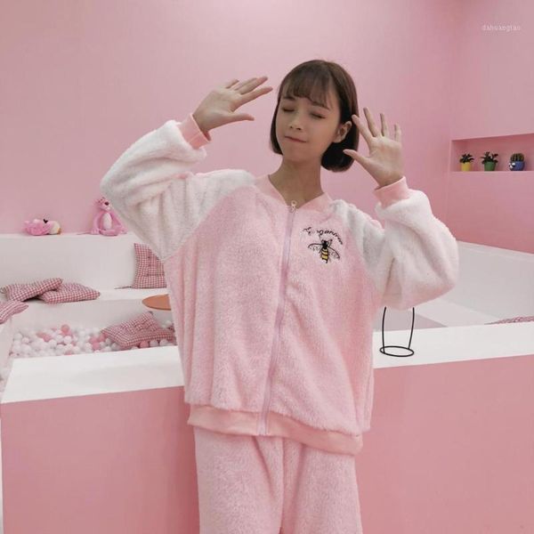 

2018 autumn and winter thickening flannel keep warm embroidered sweet lovely korean motion suit home furnishing serve1, White