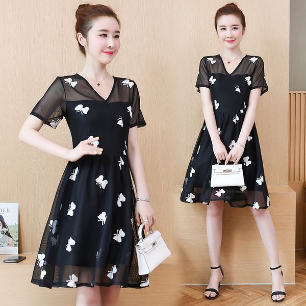 

woman of the ladies summer with v-embroidered neckline big plus size thin casual dress 0coj, Black;gray
