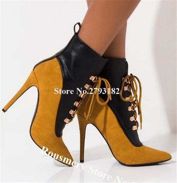 

boots western fashion style pointed toe patchwork stiletto heel gladiator lace-up high ankle booties motorcycle, Black