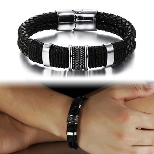 

handmade genuine leather weaved double layer man bracelets casual/sporty bicycle motorcycle delicate cool men jewelry, Black