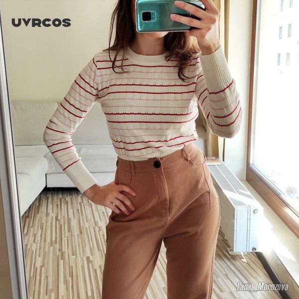 

uvrcos new stripe knitted women sweater fashion rib o neck casual jumper autumn winter short sweater, White;black