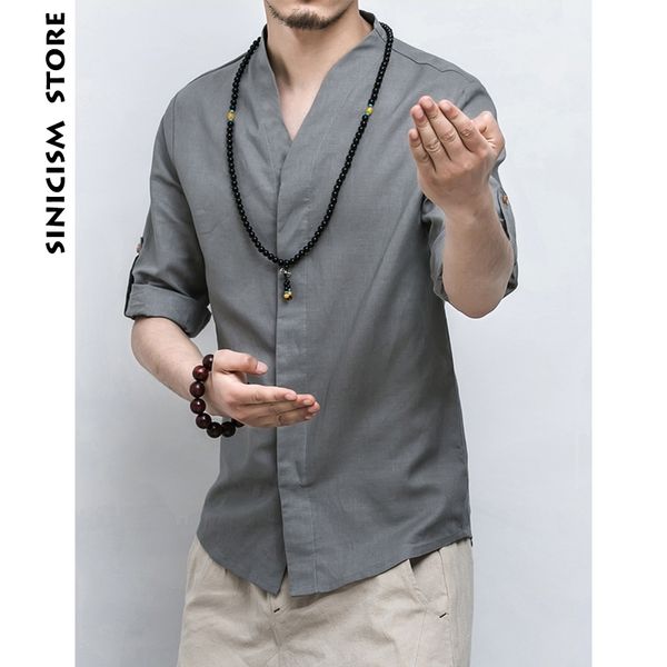 

mrgoldenbowl store mens cotton linen shirt men three quarter sleeve solid chinese clothes male v-neck shirt big size new 201120, White;black