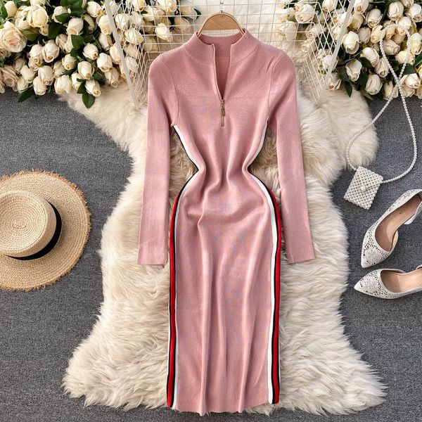 

2021 new female singiny knitted collar thin pencil dress warm autumn nightgown gown e917, Black;gray