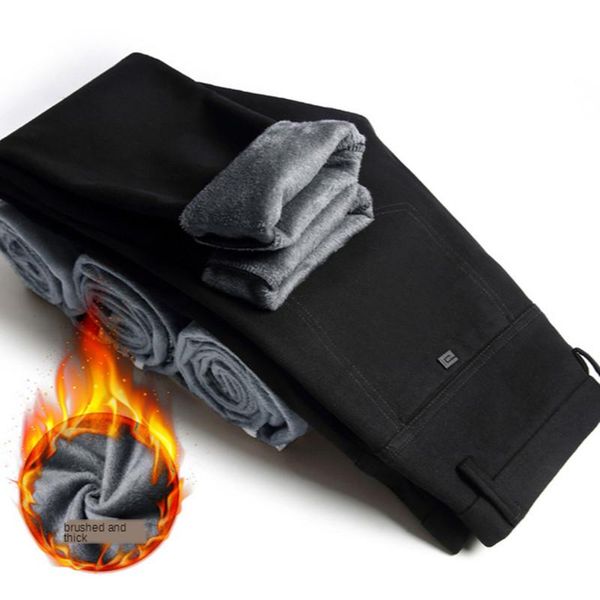 

men's pants icpans thicken fleece winter men warm clothing stretch casual pencil fashion business slim male trousers, Black