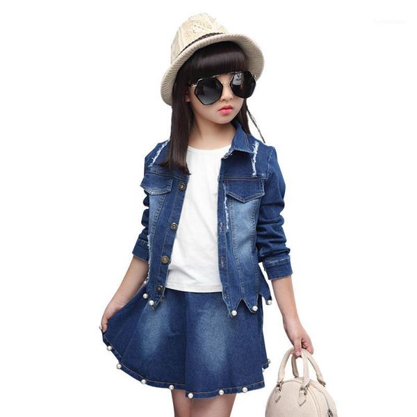 

clothing sets kids clothes hole denim jacket + skirt 2 pcs suit for girls fashion irregular girl outfit with pearls autumn suits girls1, White