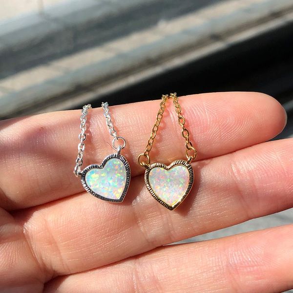

pendant necklaces opal love heart necklace clavicle chain elegant retro woman jewelry sweet surprise for lover birthday gift stainless steel, Silver