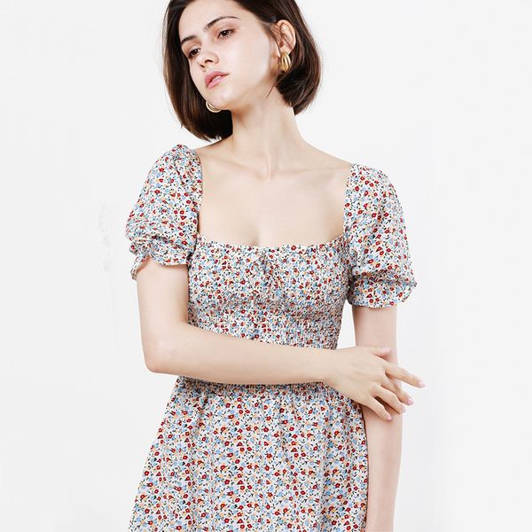 

women square neck puff sleeve shirred mini dress floral print chiffon dress, Black