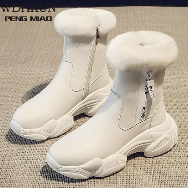 

wdhkun leather women's chunky boots winter thick fur warm women platform sneakers 2020 fashion boot woman black shoes u358
