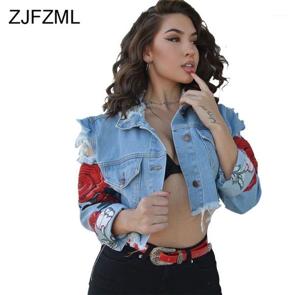 

floral embroidery casual denim jackets for women turn down collar long sleeve coat streetwear button up pockets cropped outwear1, Black;brown