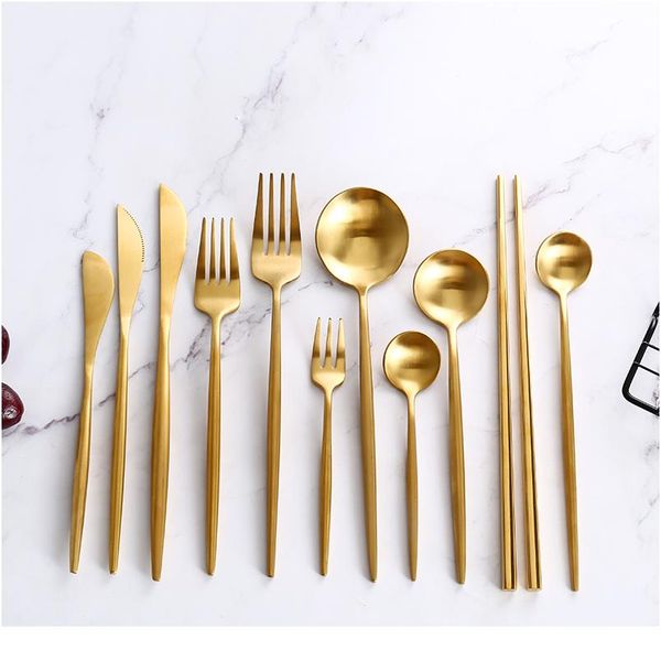 

gold cutlery steak knife fork coffee spoon teaspoon butter knives dessert fork spoon chopsticks stainless steel dinner jllpie