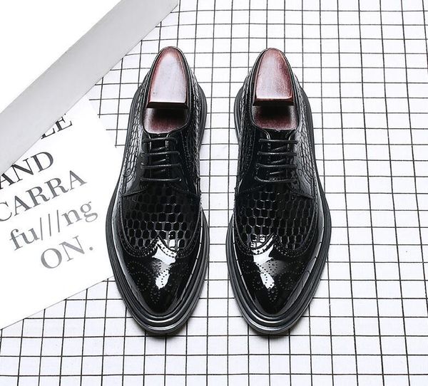 

brogue dress shoes men summer platform height increasing shoes smart casual pointed toes snakeskin carved brogue lace up, Black